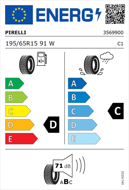 Tyre Label for Pirelli P6000 195/65R15 91W
