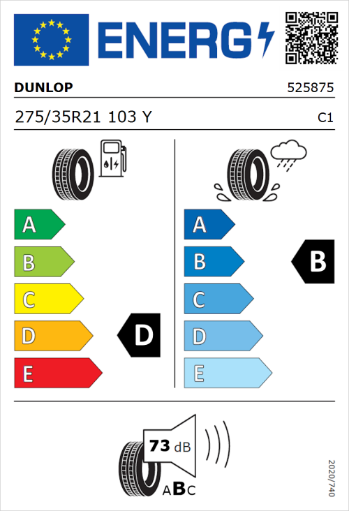Tyre Label for Dunlop SP SPORTMAXX GT 275/35R21 103Y