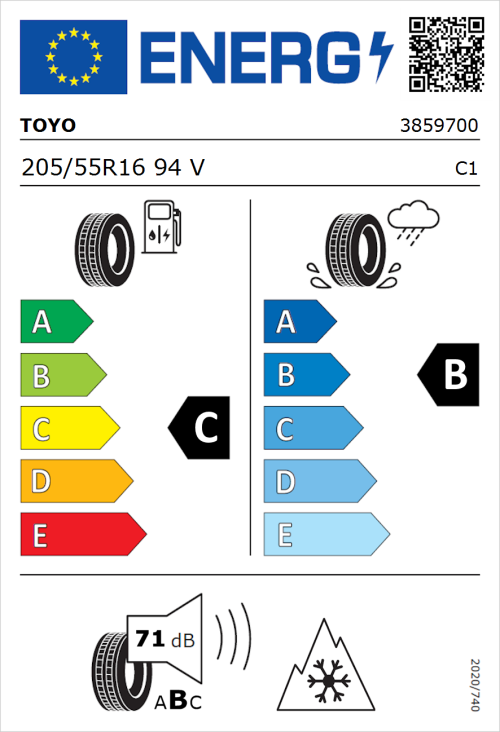 Tyre Label for Toyo Celcius AS2 205/55R16 94V