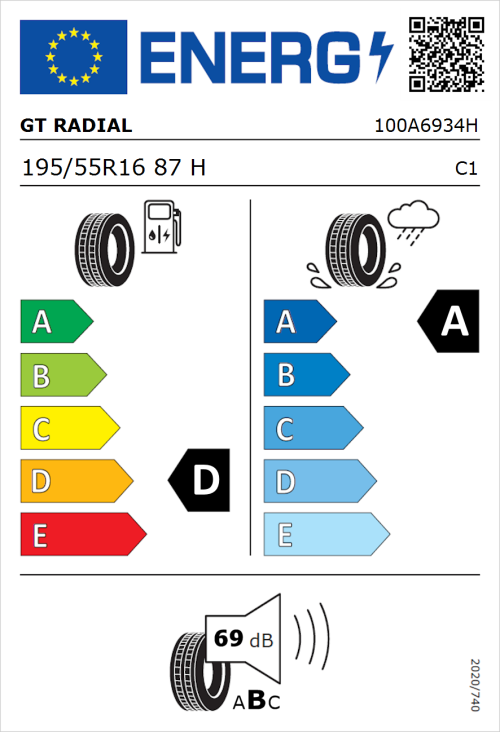 Tyre Label for GT Radial FE2 Evo 195/55R16 87H