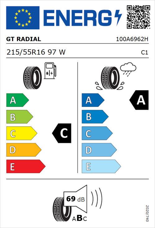 Tyre Label for GT Radial FE2 Evo 215/55R16 97W