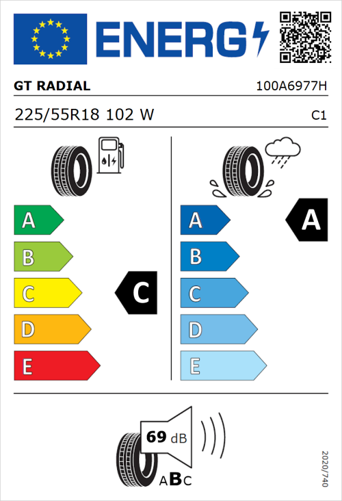 Tyre Label for GT Radial FE2 Evo 225/55R18 102W