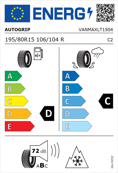 Tyre Label for Autogrip Vanmax 195/80R15 106/104R