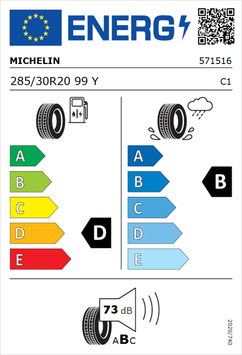 Tyre Label for Michelin Pilot Super Sport 285/30R20 99Y